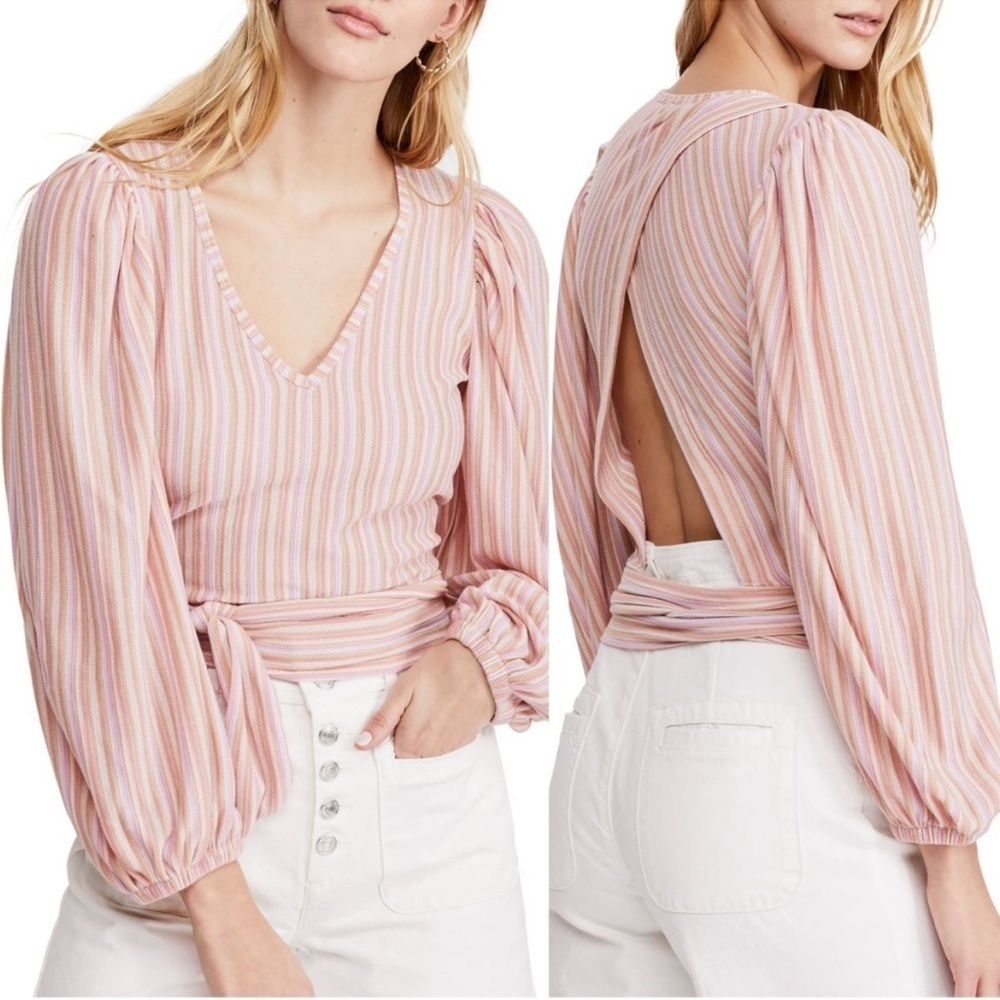 Free People Autumn Nights Open Back Top in Purple Combo Stripes Small